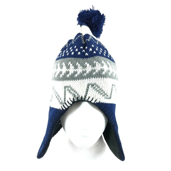 Polar Wear Kids Beanie Hat Ear Flaps Fleece Lined Striped Knit Pom Blue White OS - Picture 2 of 6